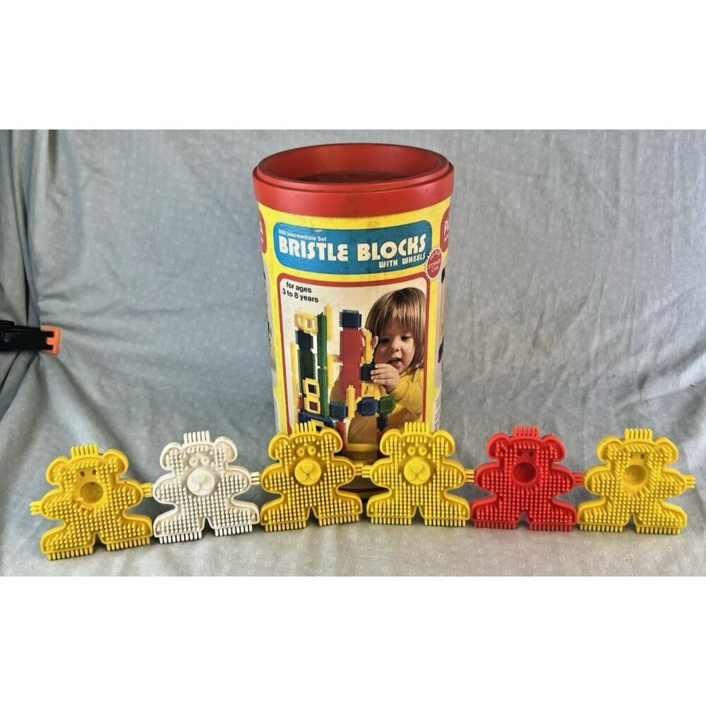 1976 Bristle Blocks Toy Set w/ Original Container + 6 Bristle Teddy Bears